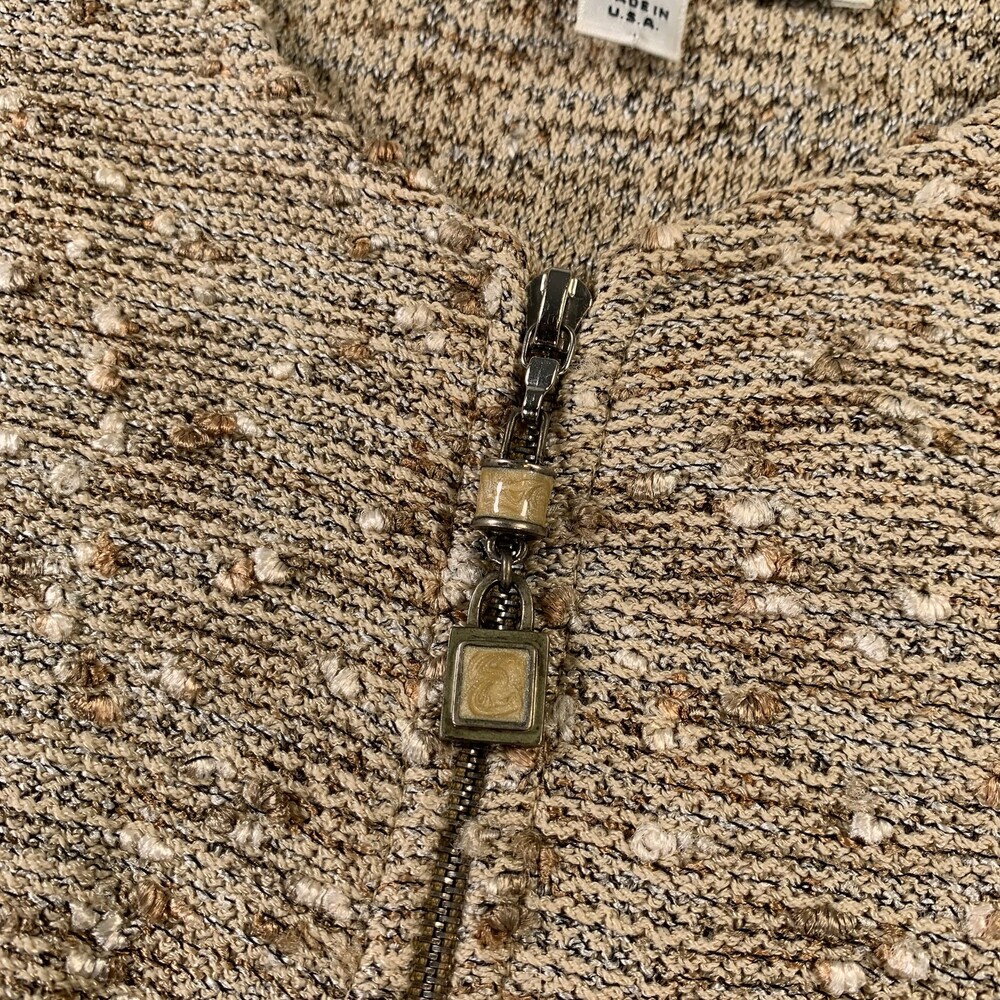 St. John Collection Blazer Jacket Gold Tan Boucle Knit Leather Trim Zip Size 8 - Picture 4 of 12